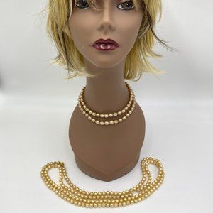 2 Vintage Faux Pearl Necklaces Single Strand 59" & Double Strand 15-1/2" Japan